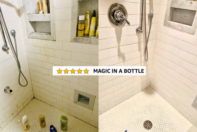 A reviewer's before/after of their shower showing black gunk and mold that's now gone, with five stars and text 