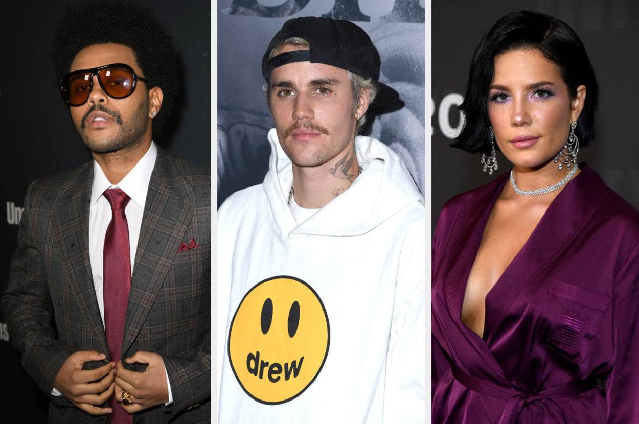 The Weeknd, Halsey, and Justin Bieber at press events