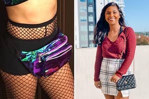 a reviewer wearing a holographic fanny pack and a reviewer in a plaid mini skirt
