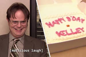 Dwight doing an evil laugh on the left and a sheet cake that says happy birthday kelley on the right