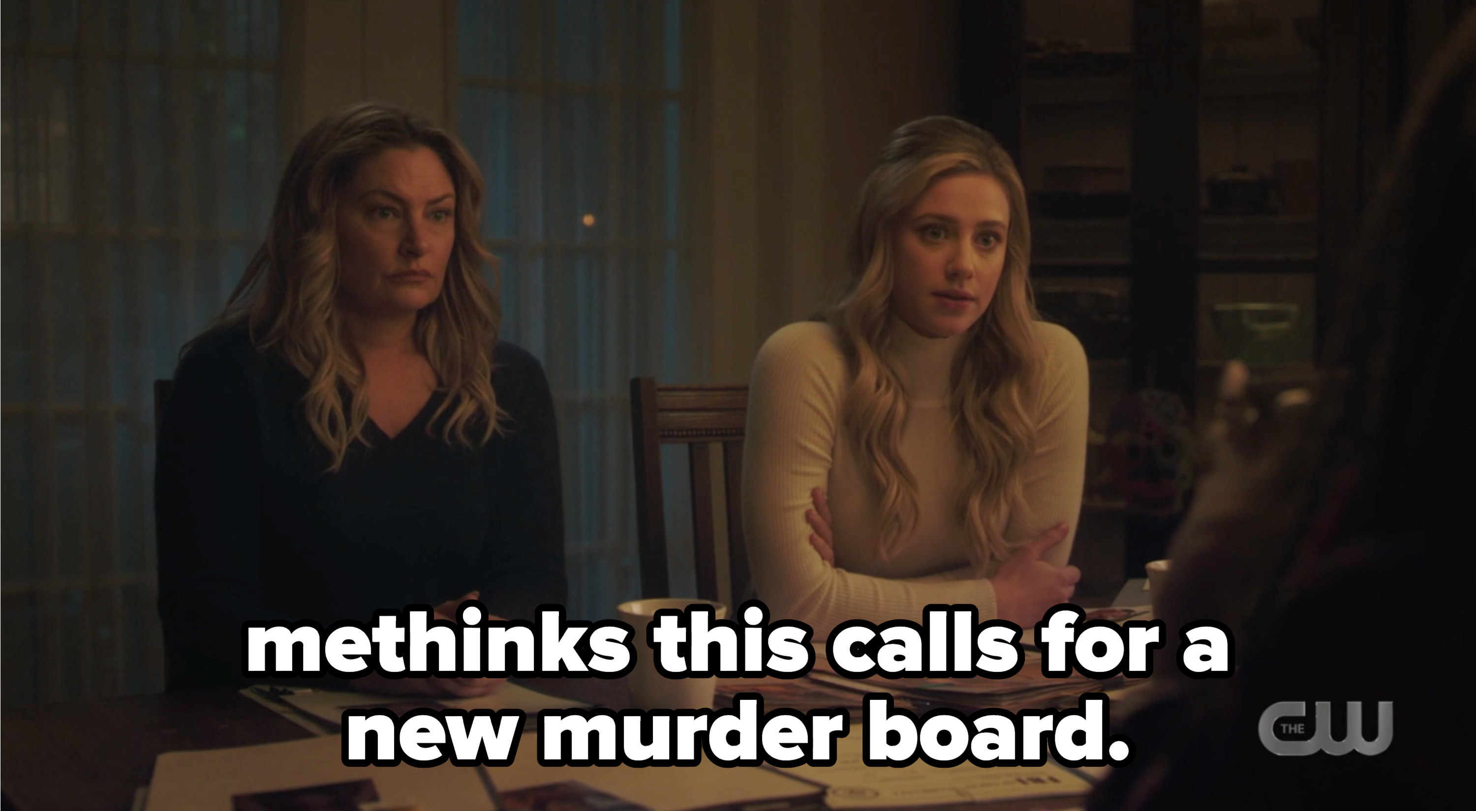 Betty and Alice talking to Toni and Sheriff Keller with the caption &quot;methinks this calls for a new murder board&quot;