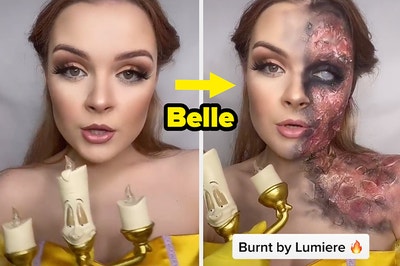 Makeup artist as Belle and a pic with her as Belle with her face looking burned using makeup