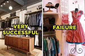 On the left, a seemingly fancy clothing store with suits hung all around labeled "very successful," and on the right, the interior of a vintage shop with a dress in the window labeled "failure"
