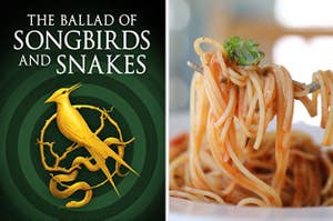 the ballad of songbirds and snakes on the left and a bowl of spaghetti on the right