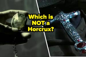 Locket and sword with text, "Which is not a Horcrux?"