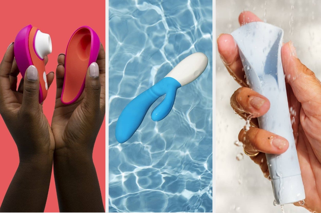 a sucking vibrator, a double pronged vibrator and a vibrator with a tongue-like head 