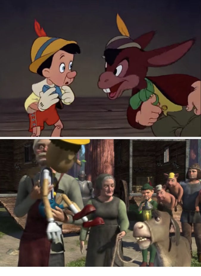 Pinnochio seeing Lampwick turn into a donkey from &quot;Pinnochio&quot; and Donkey being walked in &quot;Shrek&quot;