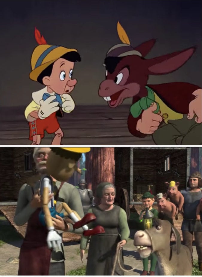 Pinnochio seeing Lampwick turn into a donkey from "Pinnochio" and Donkey being walked in "Shrek"