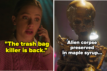 betty saying the trash bag killer is back side by side with the alien corpse