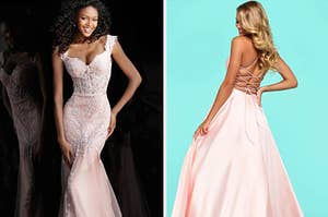 Two people wearing stunning prom dresses