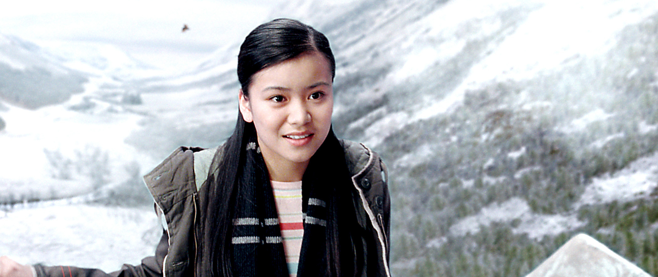 Leung with snow-capped mountains behind her in Harry Potter and the Goblet of Fire