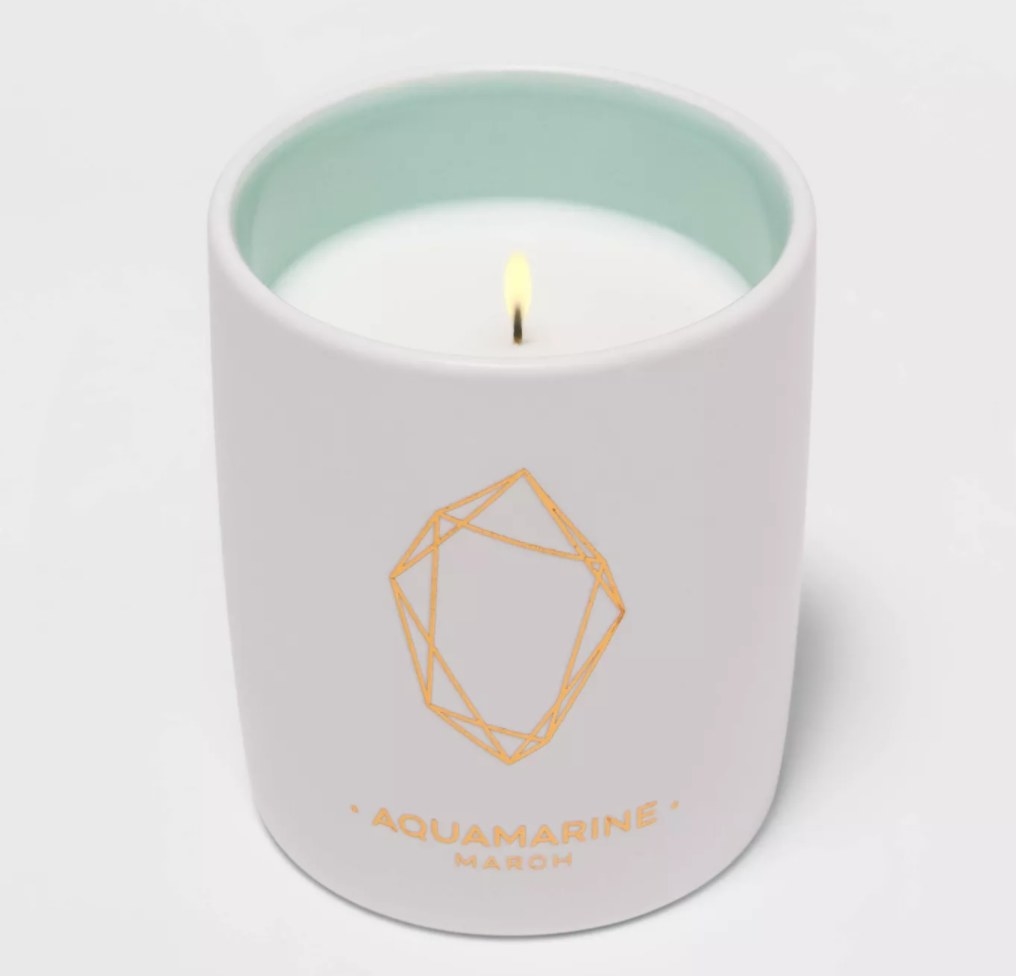 The birthstone candle for March, Aquamarine 