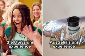 A sorority girl cheering with the caption "the USA's uni experience" and a goon bag with the caption "Australia's uni experience"