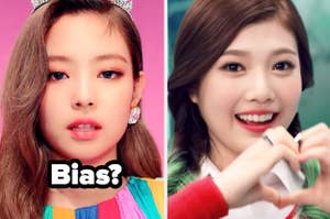 Jennie from Blackpink with the word "bias?" and girl making heart 
