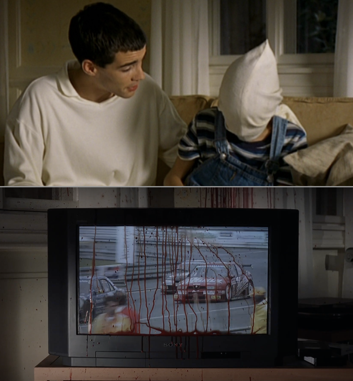 A man taking a kid hostage, then a TV screen with blood on it