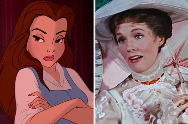 Belle looking angry on the left and mary poppins on the right