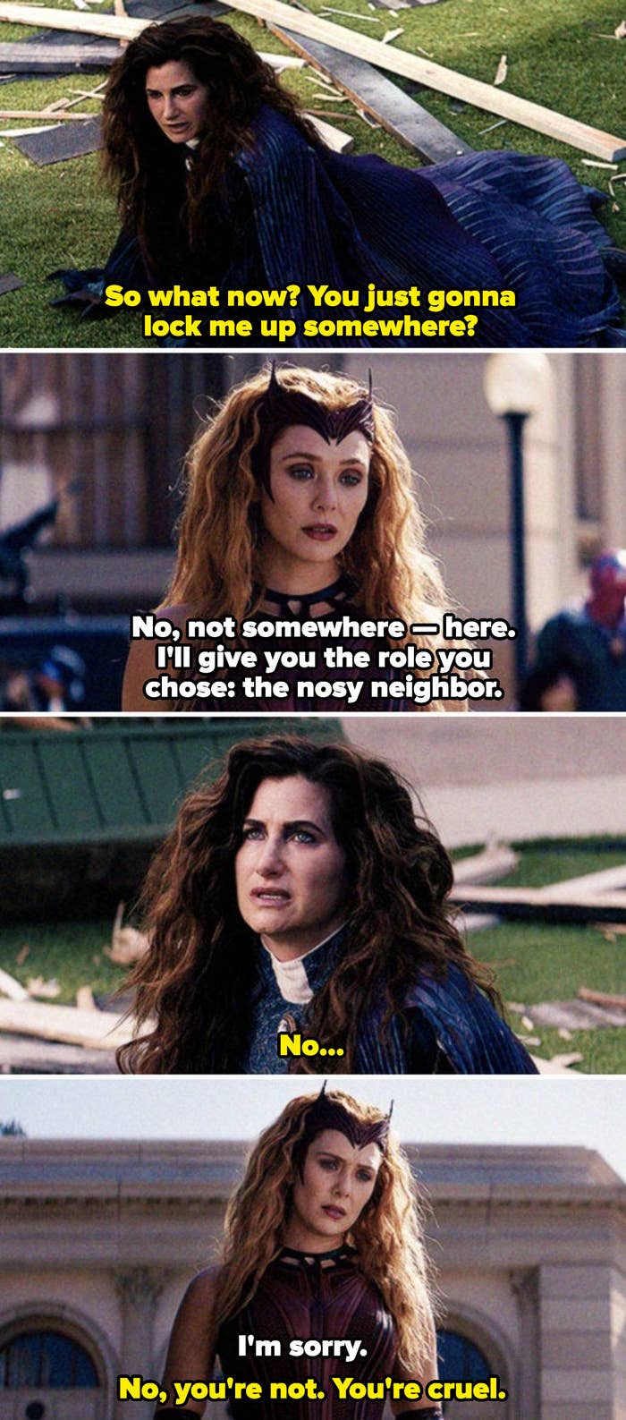 Wanda telling Agatha she's trapping her in Westview, playing the role of the nosy neighbor