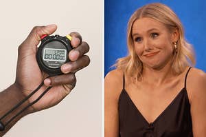 On the left, someone holding up a stopwatch, and on the right, Kristen Bell shrugging