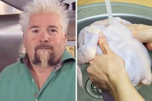 Side-by-side images of Guy Fieri and someone washing a chicken