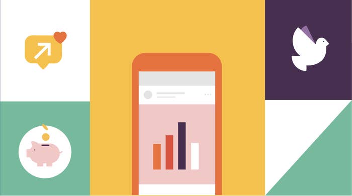 A graphic image showing a piggy bank, a dove, a speech bubble with a trending symbol, and a graph chart on a smartphone.