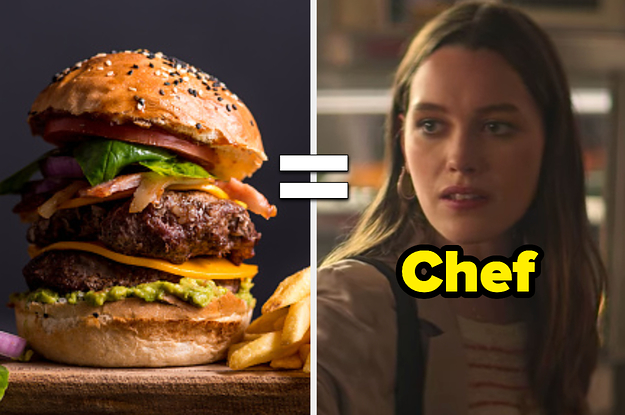 A hamburger with onions and lettuce on it and Victoria Pedretti as Love Quinn in the show 