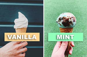 a vanilla ice cream cone next to a mint chocolate chip cone