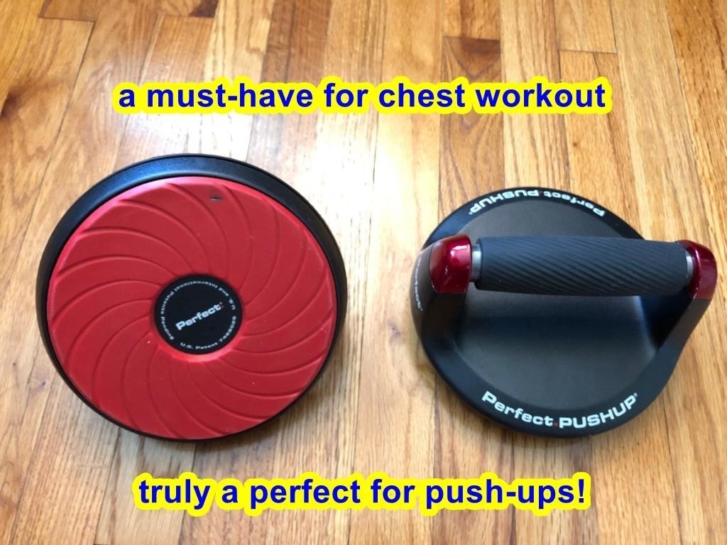 The black-and-red stands on a wood floor with text reading &quot;a must-have for chest workout, truly a perfect for push-ups!&quot;