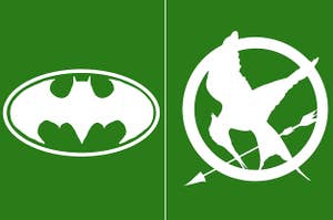 Side-by-side images of the Batman logo and the Hunger Games logo