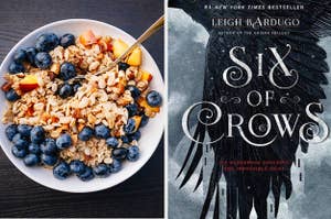 a bowl of granola on the left and the book six of crows on the right