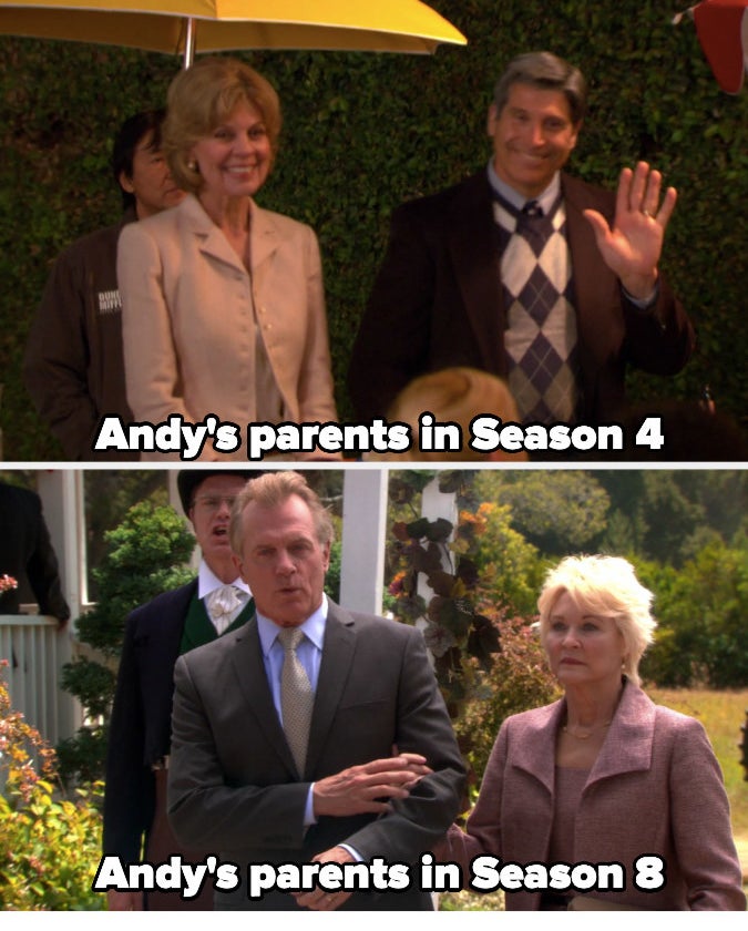Andy&#x27;s parents from Season 4 and Season 8 in &quot;The Office&quot;