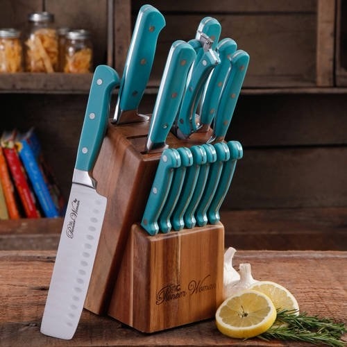 a turquoise knife set in a wood knife block on a counter