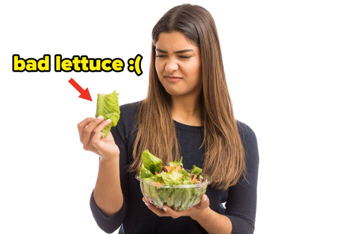 Someone holds up a piece of lettuce from a salad and frowns with the caption: &quot;bad lettuce&quot;