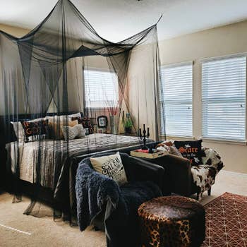 Room with hanging covering the entire bed 