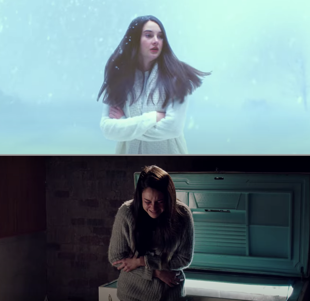 Shailene Woodley standing in a blizzard, then her crying next to a fridge