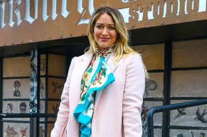 Hilary Duff wearing a long coat on the set of Younger in New York City