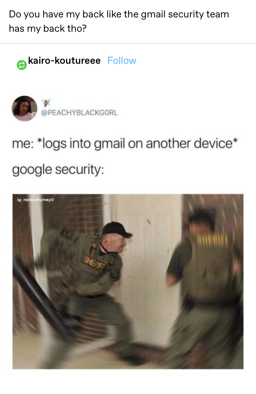 &quot;Do you have my back like the gmail security team has my back tho?&quot; then a picture of security breaking into a building titled google security when you log in on another device