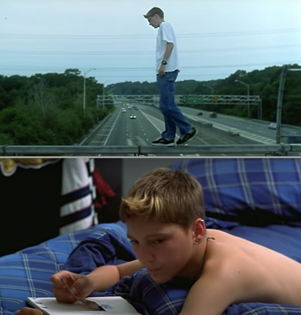 A young boy standing on top of an overpass, then him looking at a book in bed