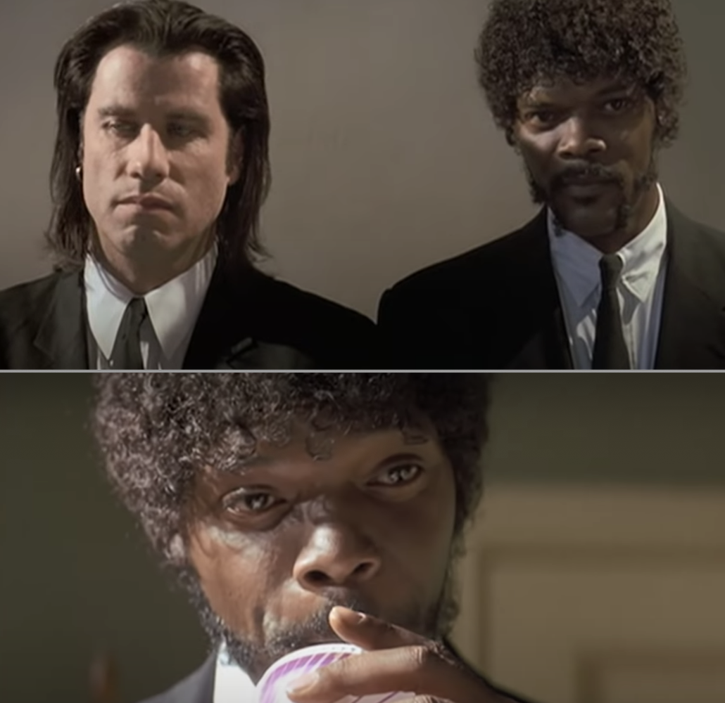 Samuel L. Jackson and John Travolta in their black suits in &quot;Pulp Fiction&quot;
