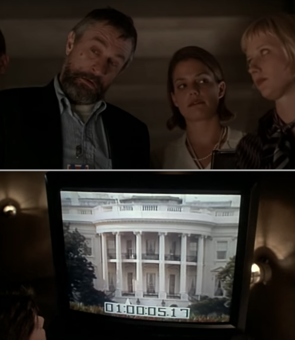 People watching a TV broadcast of the White House