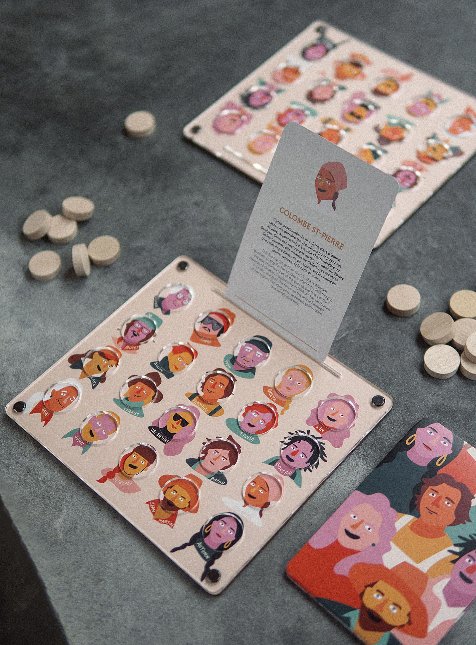 A board with illustrations of twenty faces painted on them