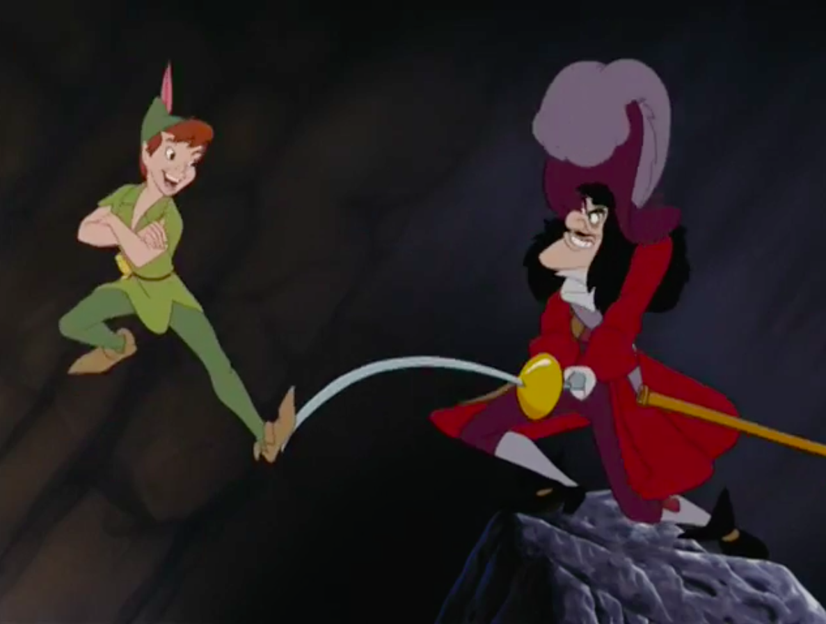 Peter Pan flying away from Caption Hook and his sword in &quot;Peter Pan&quot;