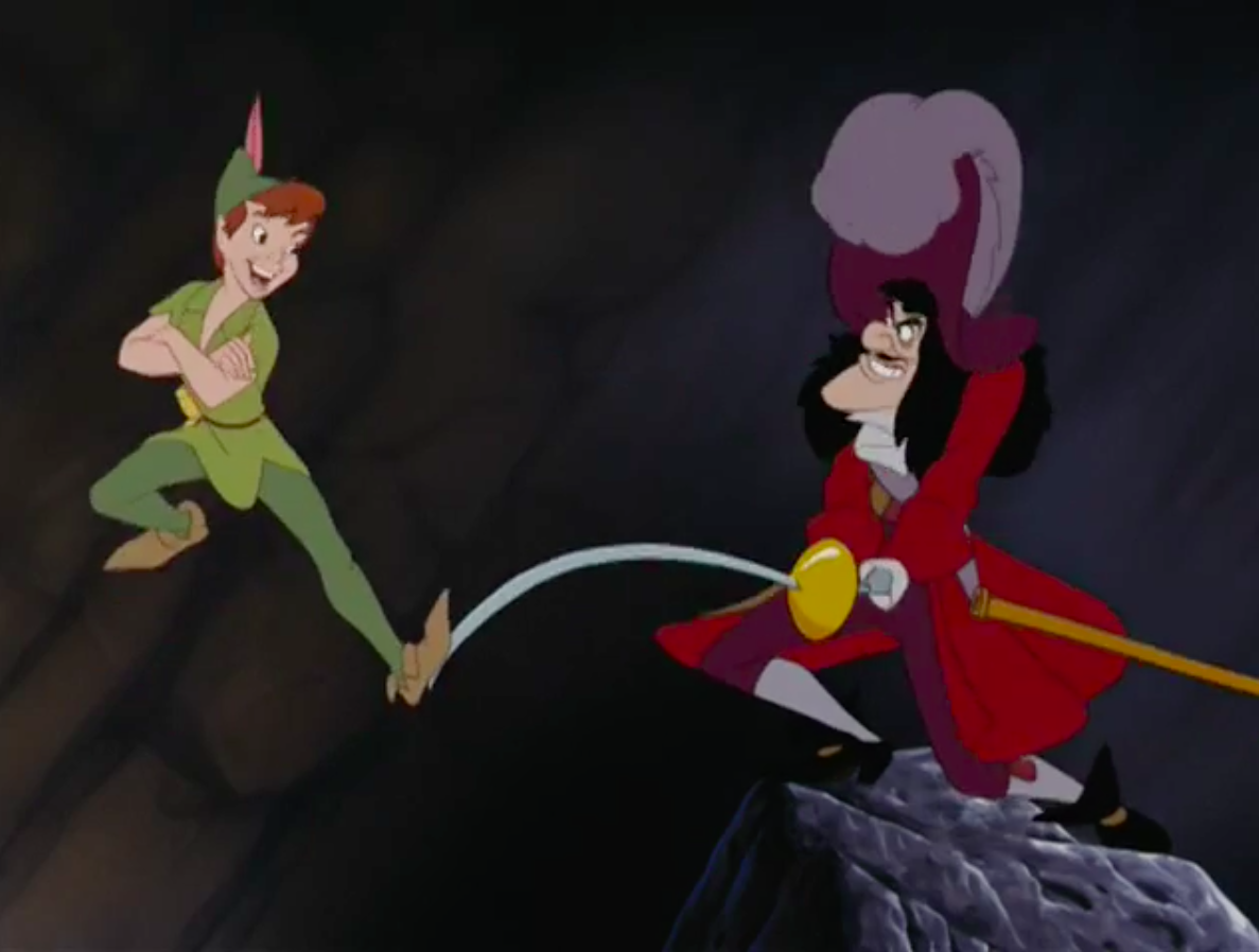 Peter Pan flying away from Caption Hook and his sword in "Peter Pan"