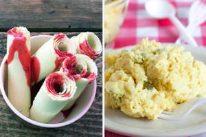 Side-by-side images of rolled ice cream and potato salad