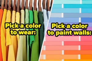 A rainbow of shirts labeled 