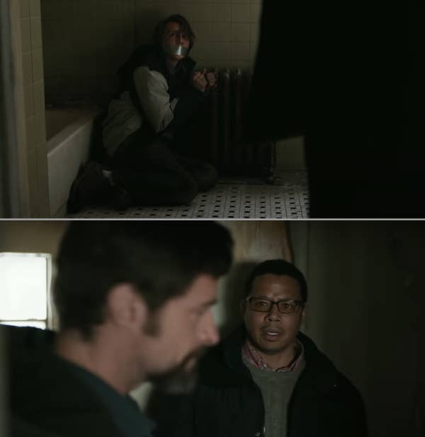 Paul Dano tied up in a bathroom