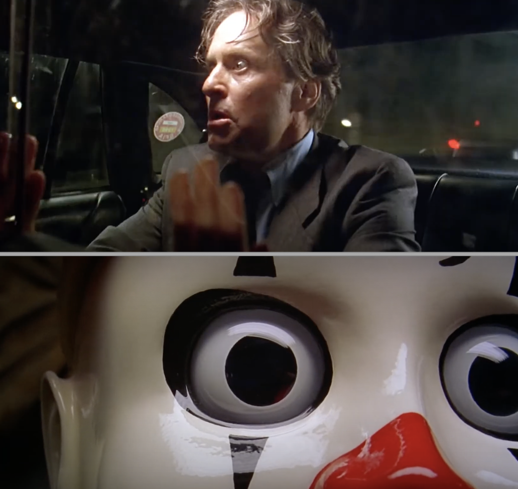 Michael Douglas in a taxi and a close-up of a clown