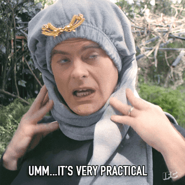 gif of bill hader wearing sweatpants as a head wrap saying &quot;ummm it&#x27;s very practical&quot;