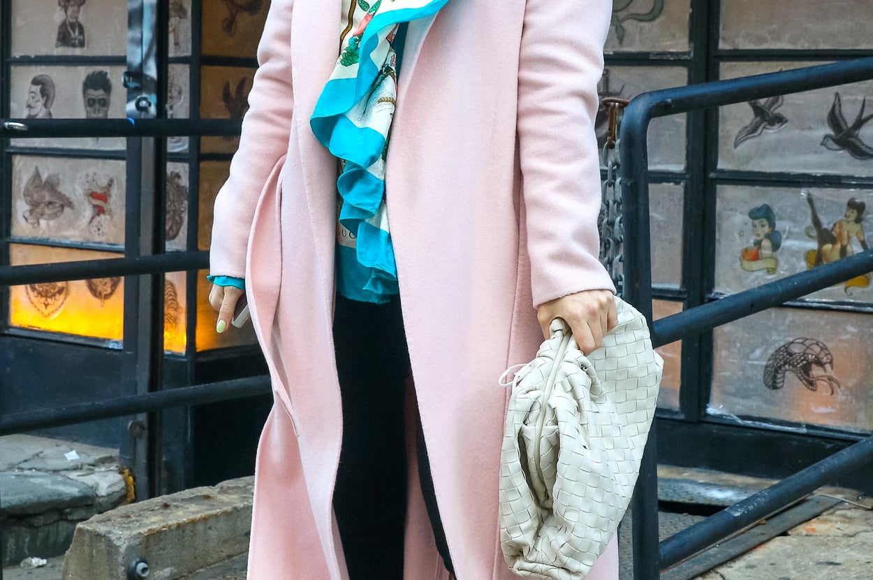 Hilary Duff wearing a long coat on the set of Younger in New York City