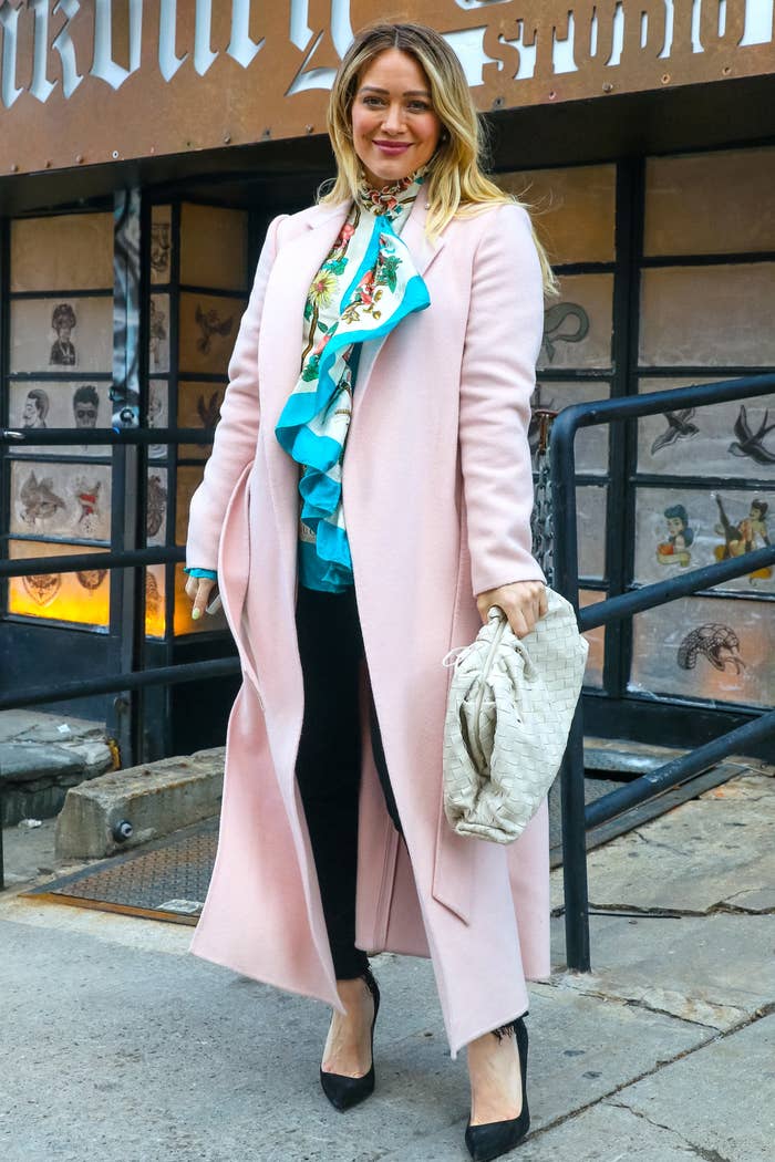 Hilary Duff wearing a long coat on the set of Younger in New York City
