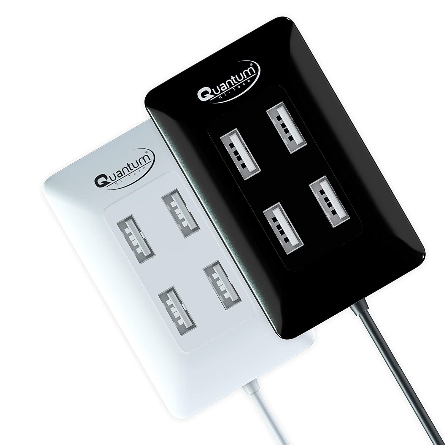 A 4 port charger in black and white 